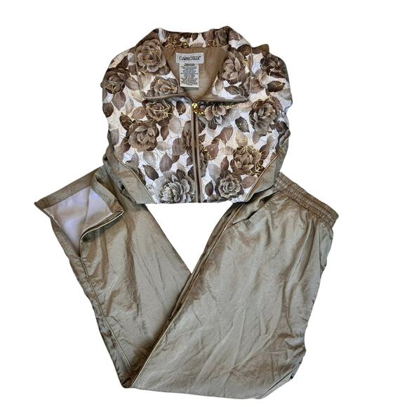 Vtg Womens 90s Workout Set Windbreaker Jacket & Pants Sz M Beige Golden Girl SEE - Picture 1 of 16